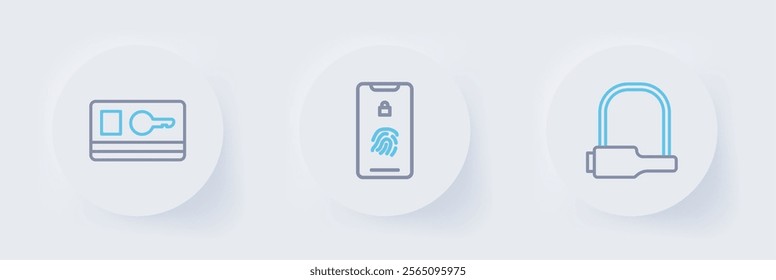 Set line Bicycle lock, Mobile with fingerprint scan and Key card icon. Vector