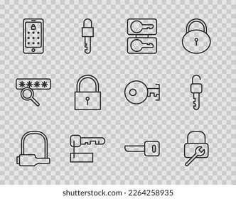 Set line Bicycle lock, Lock repair, Casting keys, Marked, Mobile and graphic password, Key and Unlocked icon. Vector
