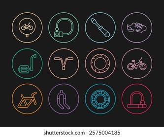 Set line Bicycle lock, Screwdriver, handlebar, pedal, wheel tire and  icon. Vector