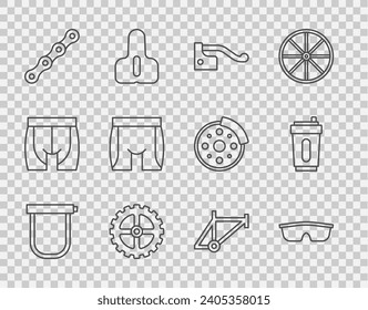 Set line Bicycle lock, Sport cycling sunglasses, brake, sprocket crank, chain, Cycling shorts, frame and bottle with water icon. Vector