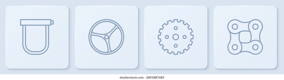 Set line Bicycle lock, sprocket crank, wheel and chain. White square button. Vector