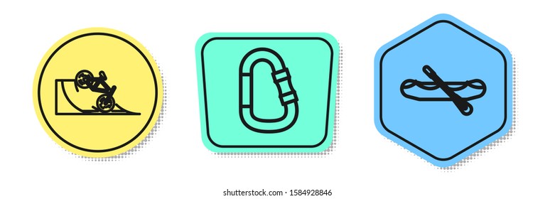 Set line Bicycle on street ramp, Carabiner and Rafting boat. Colored shapes. Vector