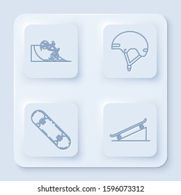 Set line Bicycle on street ramp, Helmet, Skateboard trick and Skateboard on street ramp. White square button. Vector