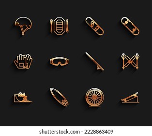 Set line Bicycle on street ramp, Surfboard, Helmet, wheel, Skateboard, Ski goggles, and sticks and  icon. Vector