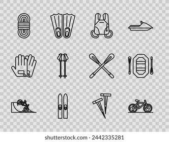 Set line Bicycle on street ramp, Parachute, Ski and sticks, Climber rope, poles, Pegs for tents and Rafting boat icon. Vector