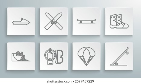 Set line Bicycle on street ramp, Ski and sticks, Diving mask aqualung, Parachute, Skateboard, Boots and Jet ski icon. Vector