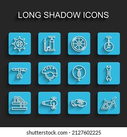 Set line Bicycle parking, chain with gear, sprocket crank, shoes, frame, helmet, Wrench spanner and icon. Vector