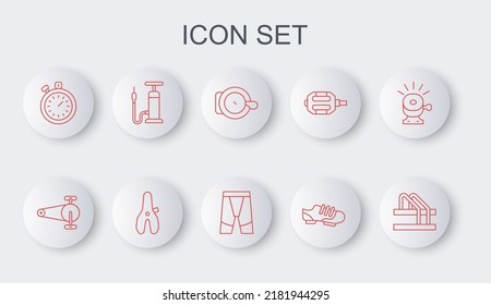 Línea de estacionamiento para bicicletas, cadena con equipo, campana, zapatos, Stopwatch, bomba de aire, asiento e ícono de pantalones cortos de ciclismo. Vector