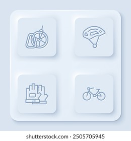 Set line Bicycle parking, helmet, Gloves and . White square button. Vector