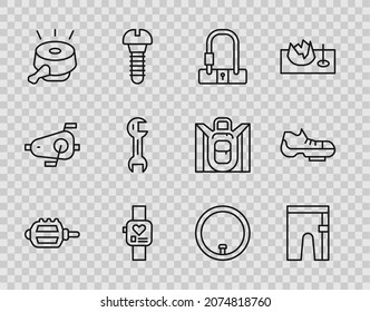 Set line Bicycle pedal, Cycling shorts, lock, Smart watch, bell, Wrench spanner, wheel and shoes icon. Vector
