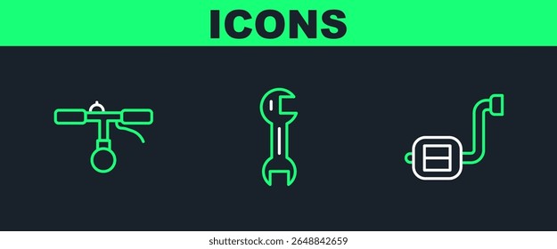 Definir linha Pedal de bicicleta, guiador e chave chave chave ícone spanner. Vetor