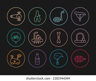 Set line Bicycle pedal, lock, Tool allen keys, chain with gear, Wrench spanner and seat icon. Vector