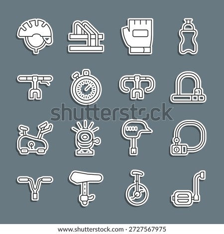 Set line Bicycle pedal, lock, Gloves, Stopwatch, handlebar, helmet and  icon. Vector