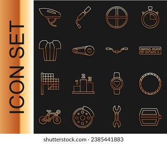 Set line Bicycle pedal, wheel, Ribbon in finishing line, chain with gear, Cycling t-shirt, helmet and handlebar icon. Vector