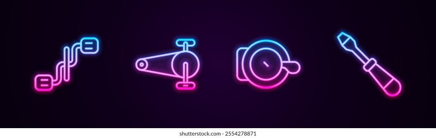 Set line Bicycle pedals, chain with gear, bell and Screwdriver. Glowing neon icon. Vector