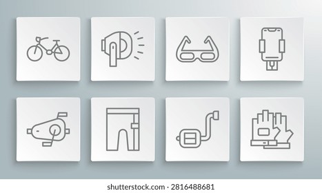 Set line Bicycle pedals, head lamp, Cycling shorts, Gloves, Sport cycling sunglasses, Mobile holder and  icon. Vector