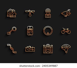 Set line Bicycle pedals, on street ramp, Gloves, Hiking backpack, helmet, rental mobile app,  and wheel icon. Vector