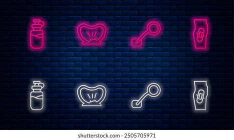 Set line Bicycle punctured tire, rear view mirror, Sport bottle with water and Plaster on leg. Glowing neon icon on brick wall. Vector