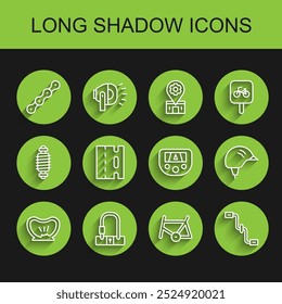 Set line Bicycle punctured tire, lock, chain, frame, pedals, lane, helmet and Gps device with map icon. Vector