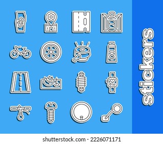 Set Linie Fahrradrückspiegel, Smart watch, Sonnenschutzcreme in Röhre, Spur, Rad, Plakat auf Bein und Glocke Symbol. Vektorgrafik