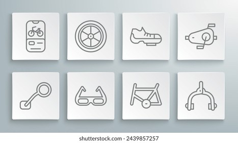 Set line Bicycle rear view mirror, wheel, Sport cycling sunglasses, frame, brake calipers, shoes, pedals and rental mobile app icon. Vector