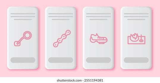 Set line Bicycle rear view mirror, chain, shoes and on street ramp. White rectangle button. Vector