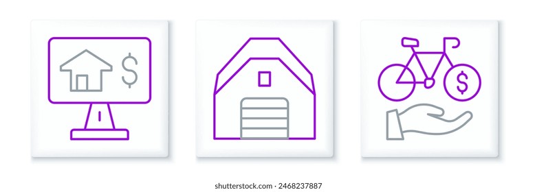Set line Bicycle rental mobile app, Online real estate and Garage icon. Vector