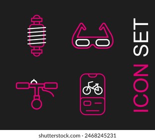 Set line Bicycle rental mobile app, handlebar, Sport cycling sunglasses and suspension icon. Vector