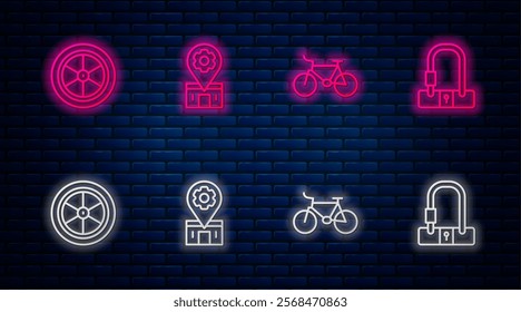 Set line Bicycle repair service, , wheel and lock. Glowing neon icon on brick wall. Vector