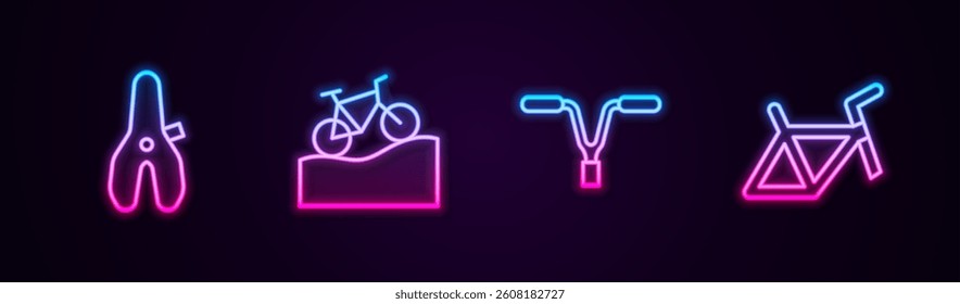 Set line Bicycle seat, Mountain bicycle, handlebar and frame. Glowing neon icon. Vector