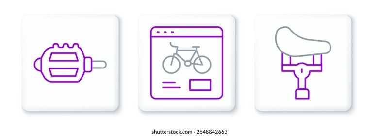 Definir linha assento de bicicleta, pedal e aluguel ícone de aplicativo móvel. Vetor
