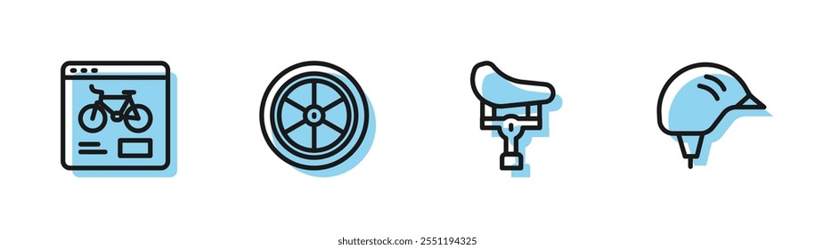 Set line Asiento de bicicleta, App móvil de alquiler, rueda e icono de casco. Vector