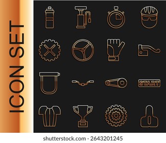 Set line Bicycle seat, Ribbon in finishing line, brake, Stopwatch, wheel, sprocket crank, Sport bottle with water and Gloves icon. Vector