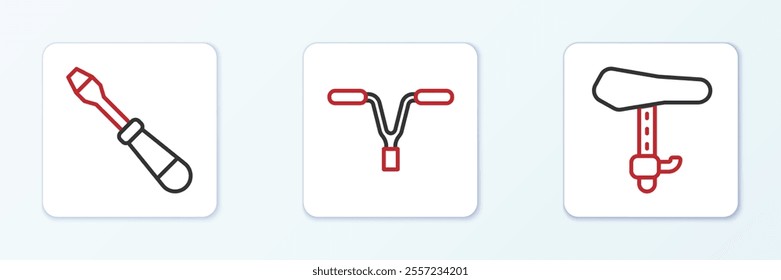 Set line Bicycle seat, Screwdriver and handlebar icon. Vector