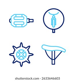 Definir linha Assento de bicicleta, roda dentada e ícone de pedal. Vetor