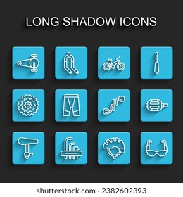 Set line Bicycle seat, Tool allen keys, chain with gear, helmet, Sport cycling sunglasses, Cycling shorts, pedal and pedals icon. Vector