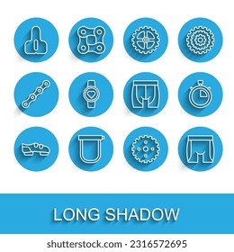 Set line Bicycle shoes, lock, seat, sprocket crank, Cycling shorts, Smart watch, Stopwatch and  icon. Vector