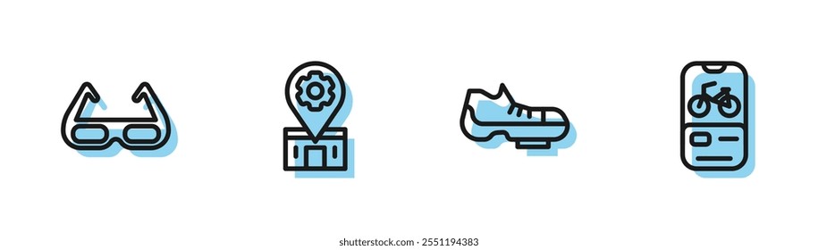 Set line Bicycle shoes, Sport cycling sunglasses, repair service and rental mobile app icon. Vector