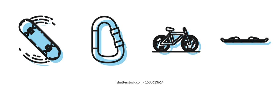 Set line Bicycle, Skateboard trick, Carabiner and Snowboard icon. Vector