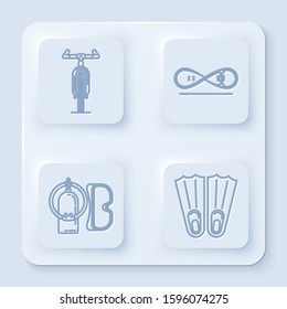 Set line Bicycle, Skateboard trick, Diving mask and aqualung and Rubber flippers for swimming. White square button. Vector