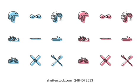 Set line Bicycle, Ski and sticks, Helmet, Crossed paddle, Snowboard, Jet ski, on street ramp and Skateboard trick icon. Vector