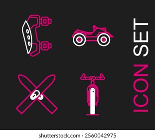 Set line Bicycle, Ski and sticks, All Terrain Vehicle or ATV motorcycle and Knee pads icon. Vector