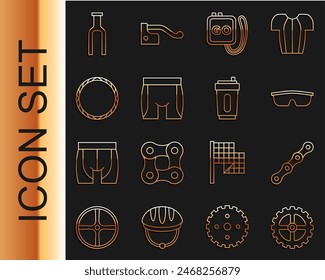 Set line Bicycle sprocket crank, chain, Sport cycling sunglasses, Stopwatch, Cycling shorts, wheel, fork and bottle with water icon. Vector