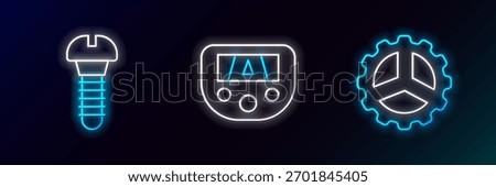 Set line Bicycle sprocket crank, Metallic screw and Gps device with map icon. Glowing neon. Vector