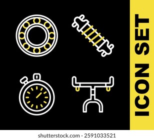 Set line Bicycle suspension, handlebar, Stopwatch and ball bearing icon. Vector