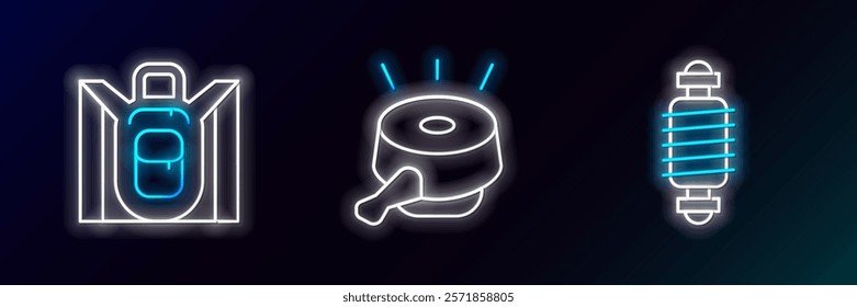 Set line Bicycle suspension, Hiking backpack and bell icon. Glowing neon. Vector