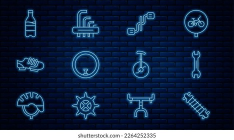 Set line Bicycle suspension, Wrench spanner, pedals, wheel, shoes, Sport bottle with water, Unicycle one bicycle and Tool allen keys icon. Vector