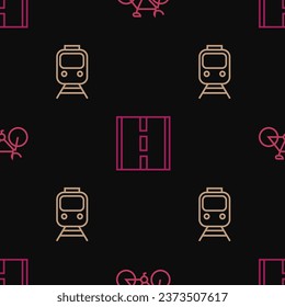Set line Bicycle, Train and railway and Road on seamless pattern. Vector