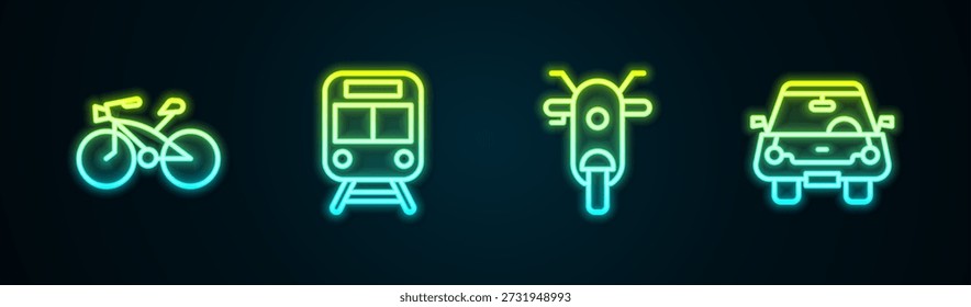 Definir linha Bicicleta, Trem e ferrovia, Scooter e carro. Ícone de néon brilhante. Vetor
