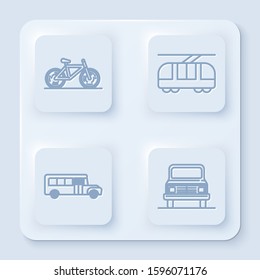 Set line Bicycle, Tram and railway, School Bus and Car. White square button. Vector